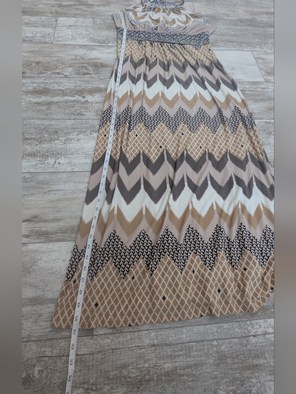 London Times Tan and Brown Chevron Pattern Halter Maxi Dress - Picture 14 of 14
